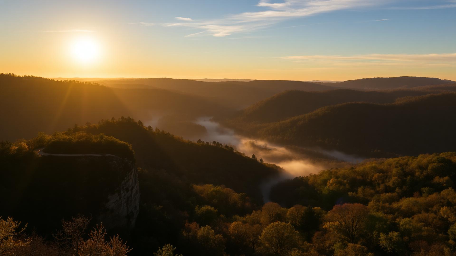 Rolling limestone hills of Southern Indiana at sunrise